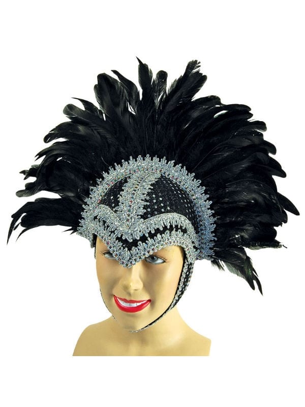 FEATHER HELMET BLACK WITH SILVER BRAID DETAIL AND PLUME FANCY DRESS ACCESSORIES 