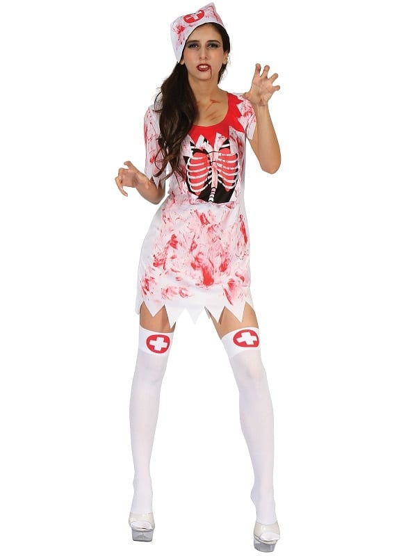 Ladies bloody nurse halloween horror costume fancy dress one size.